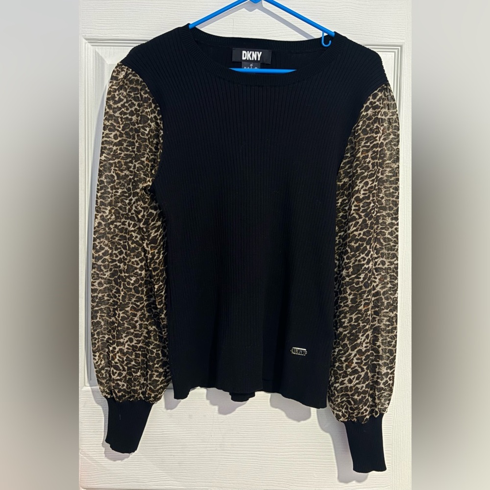 DKNY Black Sweater with Sheer Leopard Print Sleeves
